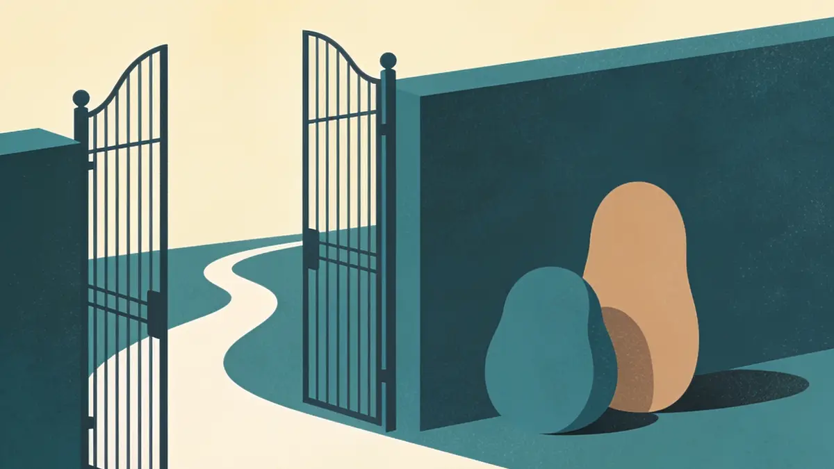 Illustration: a calm open gate with a curving path leading through it