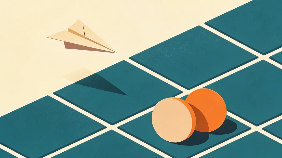 Illustration: a small paper plane shape gliding over a calm grid of squares