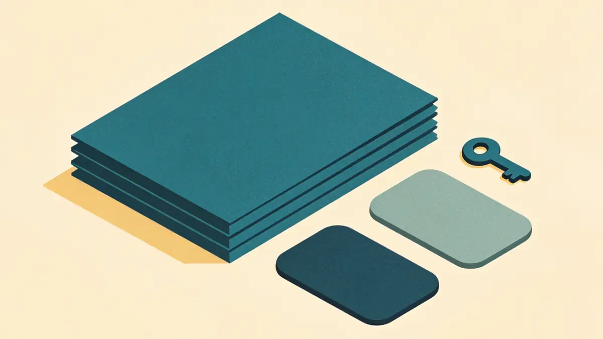 Illustration: neat stacked sheets beside a small rounded key shape