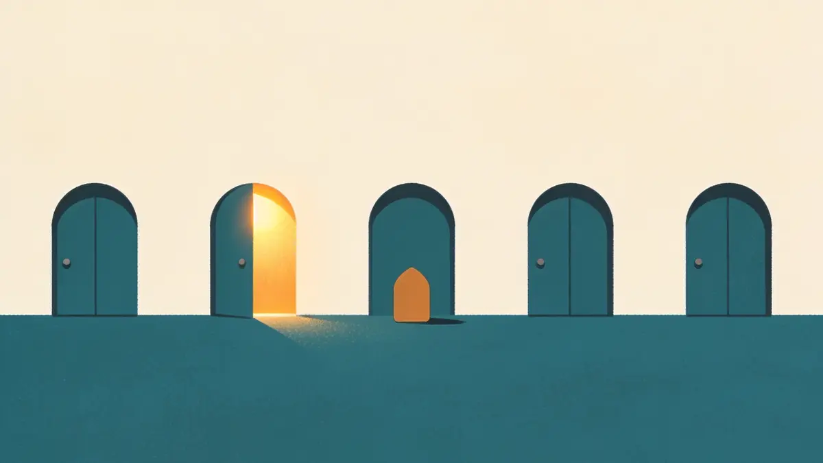 Illustration: a row of simple rounded doorways, one with a warm light left on
