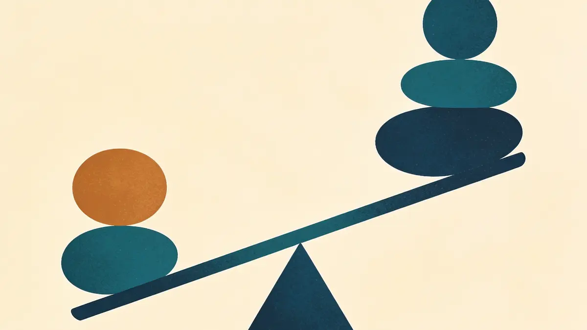 Illustration: a balanced scale made of simple rounded geometric shapes