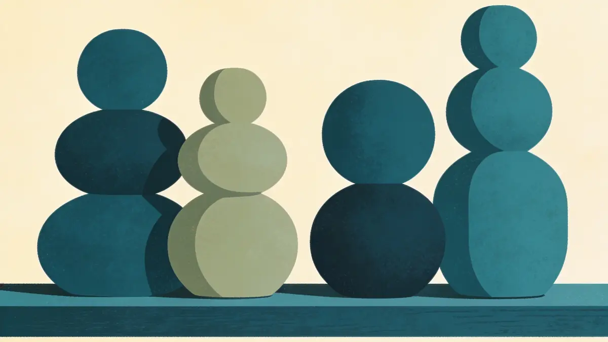 Illustration: a tidy shelf of rounded objects in balanced groups